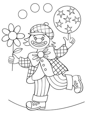Page with black and white drawing of clown for coloring. Developing children skills for drawing. Vector image.