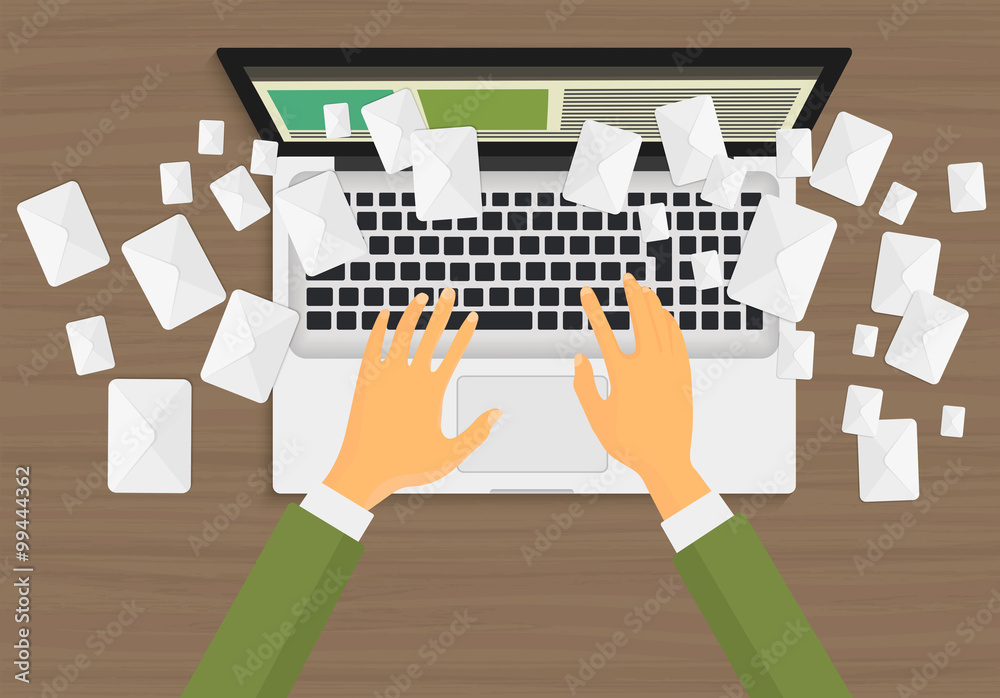 Aufkleber email marketing concept and a lot of envelopes messages in laptop computer screen. sending process.