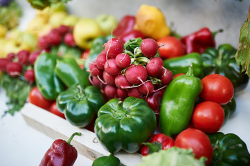 an assortment of mixed vegetables and fruits Radish and Pepper