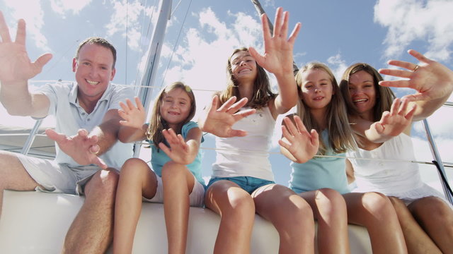 Portrait Young Caucasian Sisters Holiday Parents Tourism Yacht Sailing Insurance