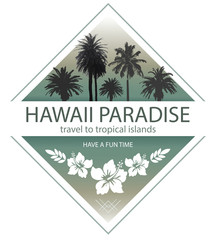 Obraz premium Hawaii Paradise. Summer Travel Background with Palm Trees and Hibiscus.