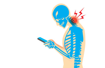 Neck bone and muscles have pain because smartphone addiction and play long time.