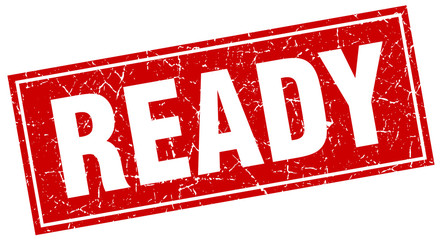 ready red square grunge stamp on white