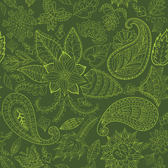 Green Seamless Floral Pattern with Paisley for Fabric and Decoration.