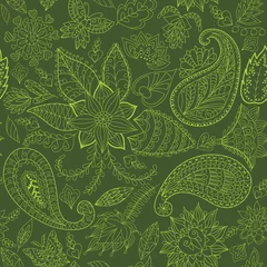 Wall murals Green Green Seamless Floral Pattern with Paisley for Fabric and Decoration.