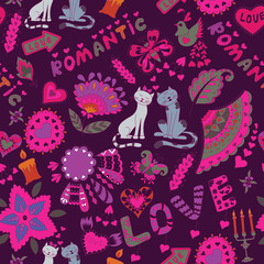 Abstract Romantic Background with Cats, Butterflies, Flowers, Hearts. Pattern for Valentine's Day.