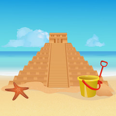 Sand sculpture on tropical beach. Copy of Mayan pyramid made out from sand. Traveling to Mexico concept. EPS10 vector illustration
