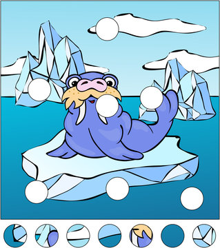 Cartoon walrus on an ice floe. complete the puzzle and find the