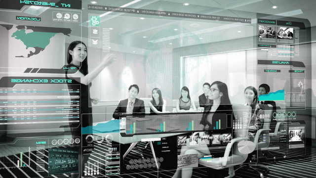 Motion graphics Asian boardroom businesswoman meeting technology touchscreen