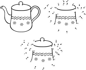 Cartoon teapot. Vector illustration. Coloring and dot to dot gam