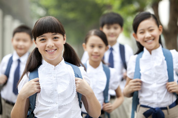 Lovely schoolchildren in uniform on the way to school