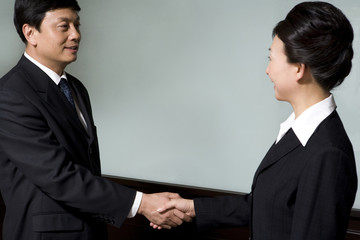 Man and woman in business attire shaking hands