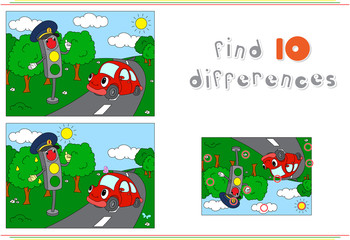 Traffic light and car on the road. Educational game for kids: fi