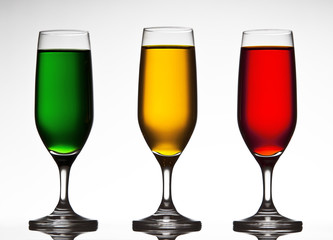Three colored wine glasses.