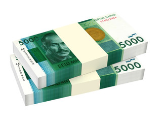 Kyrgyzstani som bills isolated on white background. Computer generated 3D photo rendering