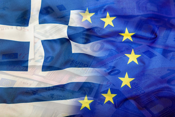 European and Greece flag. Euro money. Euro currency. Colorful waving Euro and greece flag on a euro money background. Symbolic representation of financial aid for Greece.