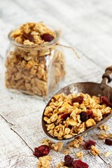 Granola breakfast, selective focus