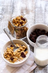 Granola breakfast, selective focus