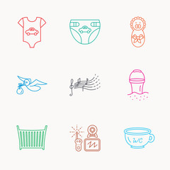 Diapers, newborn baby and clothes icons.