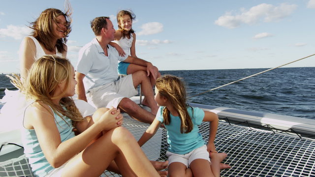 Portrait Caucasian Family Group Luxury Lifestyle Yacht Tourism Health Insurance