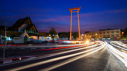 Giant Swing and wat Suthat at dusk in Bangkok