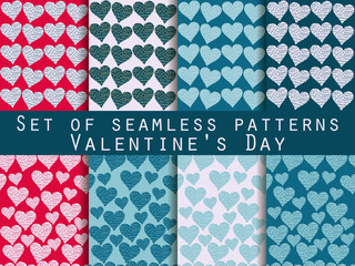 Set of seamless patterns. Words related to Valentine's Day. Vector