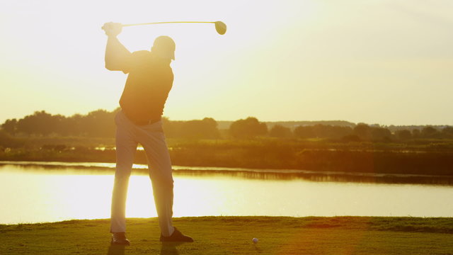 Caucasian Male Golfer Play Physical Golf Resort Global Success Sunset Business