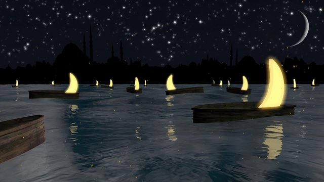 EID MUBARAK and Ramadan Karim Loop Animation Cinemagraph Loop - Water with boats and dark blue sky 
