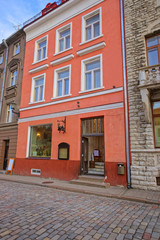 Fototapeta na wymiar Street view of a restaurant building in the Old city of Tallinn