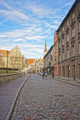 Street view to the Town Hall in the Old city in Tallinn in Estonia