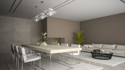 Interior of modern room with fireplace and palm 3D rendering 2