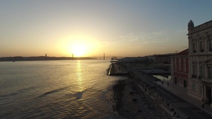 Sunset on the 25 De Abril Bridge in Lisbon, Portugal