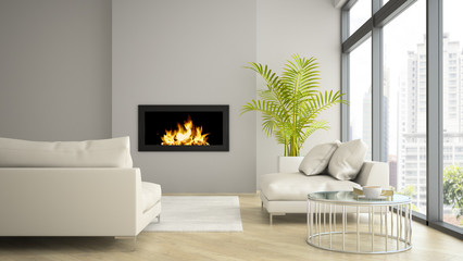 Interior of modern  loft with fireplace and palm 3D rendering