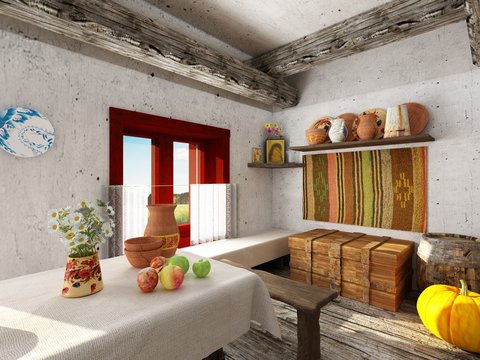 Ethnic Folk Indoors living, white stucco walls, table with white tablecloth, fruits, chamomiles on the table, earthenware, hardwood floor, carpet on the wall, coffer and pumpkin
