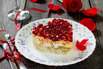 Salad with walnuts, pomegranates, vegetables and chicken. Weddin