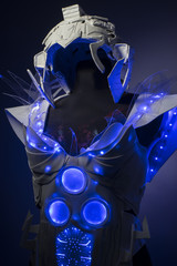 cyborg, bionic armor with blue LED lights and plastic materials