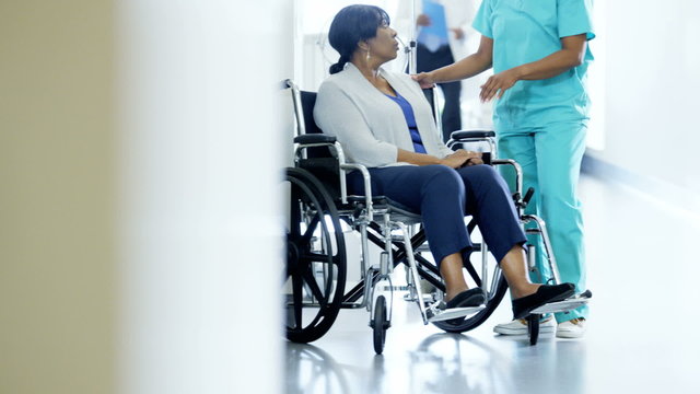 African American empathy female staff and disabled patient consult in hospital 