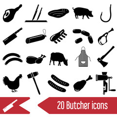 butcher and meat shop black icons set eps10