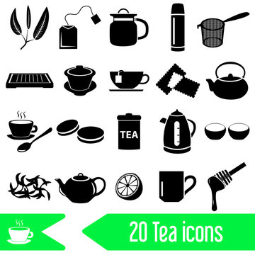 tea theme black simple icons set eps10