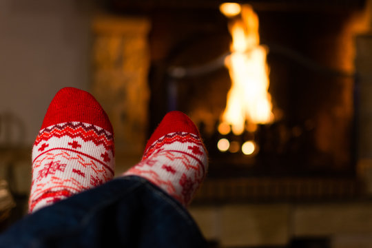 Christmas socks with a fire on the background