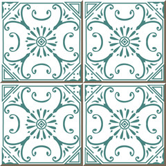 Vintage seamless wall tiles of green spiral vine, Moroccan, Portuguese.
