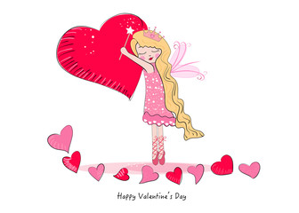 Cute fairy girl holding heart happy valentine's day vector background