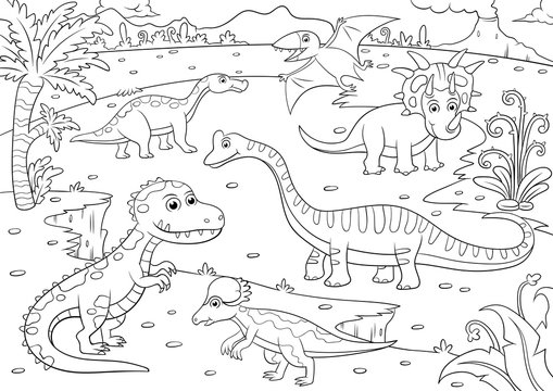 illustration of cute dinosaurs cartoon for coloring