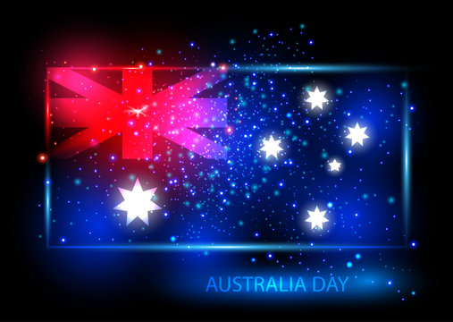 Australia day card with flag. Flag is presented as shining combinations of red, blue and white lights. Can be used for print products, page and web decor or other design. Vector illustration.
