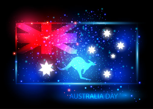 Australia day card with flag and kangaroo. Flag is presented as shining combinations of red, blue and white lights. Can be used for print products, page and web decor or other design. Vector.