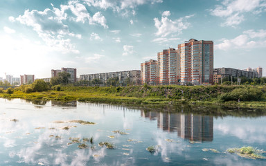 Fototapeta na wymiar Chelyabinsk city landscape with a blue sky and Miass river.
