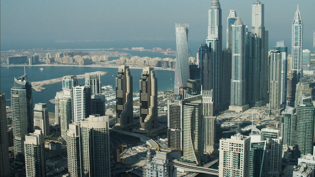 Aerial Dubai Skyscrapers Palm Jumeirah reclaimed land Persian Gulf UAE 