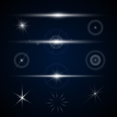 set of light elements, highlights, on blue background, vector