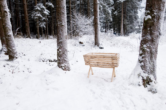 Mangiatoia a rastrelliera in legno per ungulati in un bosco innevato 