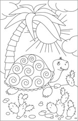 Naklejka premium Page with black and white drawing of turtle for coloring. Developing children skills for drawing. Vector image.